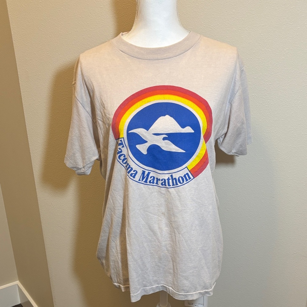 Vintage Tacoma Marathon Short Sleeve Tee - Beige with Rainbow Logo